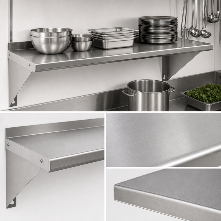 Product image #3 for BK Resources T-304 Premium Stainless Steel Wall-Mounted Shelf, 84"W x 12"D