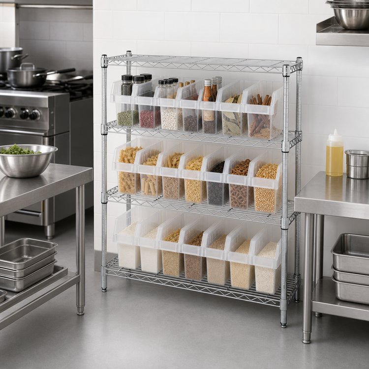 Product image #3 for Quantum 12 x 36 x 39 Inch Chrome Plated Wire Shelving Bin Center with 4 Shelves and 21 Clear Bins