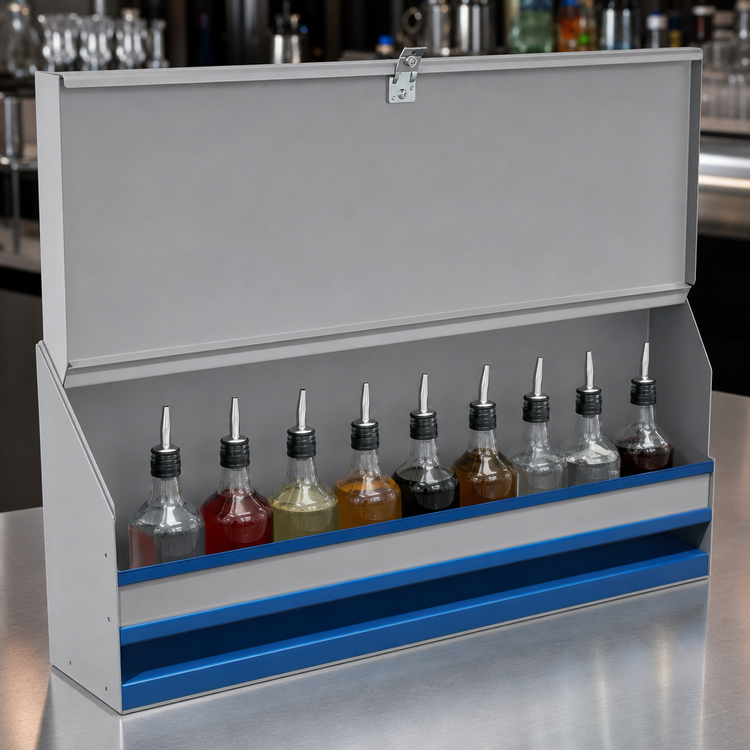 Product image #3 for Advance Tabco Prestige 30-Inch Single-Tier Stainless Steel Speed Rail with Locking Cover, 7-Bottle Capacity