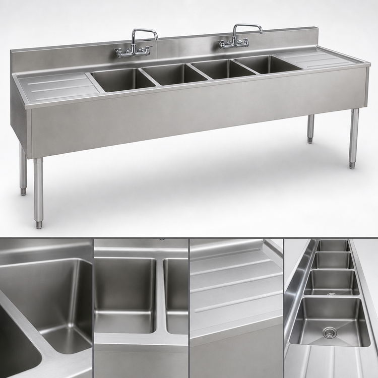 Product image #3 for Eagle Group 2200 Series 72-Inch Four-Compartment Underbar Sink Unit with Left and Right Drainboards and Dual Faucets