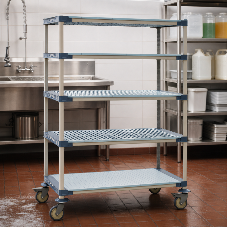 Product image #3 for MetroMax 4 5-Tier Mobile All-Polymer Shelving Unit, 48W x 18D x 80H, Blue, Open Grid & Solid Shelves