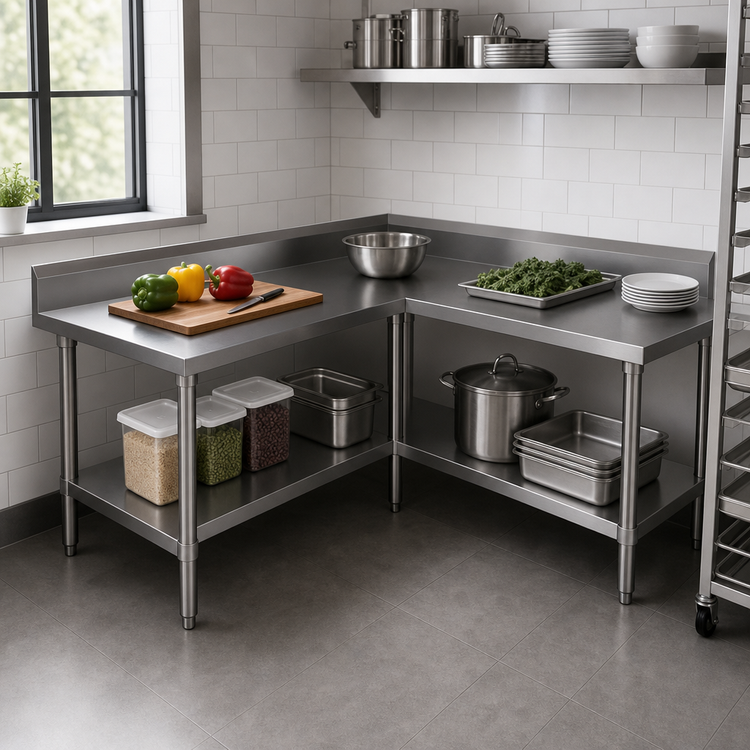 Product image #3 for John Boos L-Shaped Corner Stainless Steel Work Table with 5-Inch Backsplash and Adjustable Undershelf