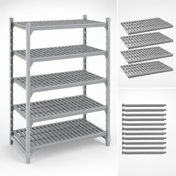 Product image #4 for Cambro Camshelving Premium 21" x 72" 5-Shelf Vented Polymer Shelf Kit, Speckled Gray