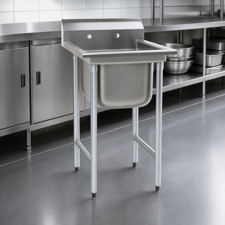 Product image #3 for Eagle Group 1-Compartment 304 Stainless Steel Sink with 9-1/2" Backsplash, Legs, and Basket Drain
