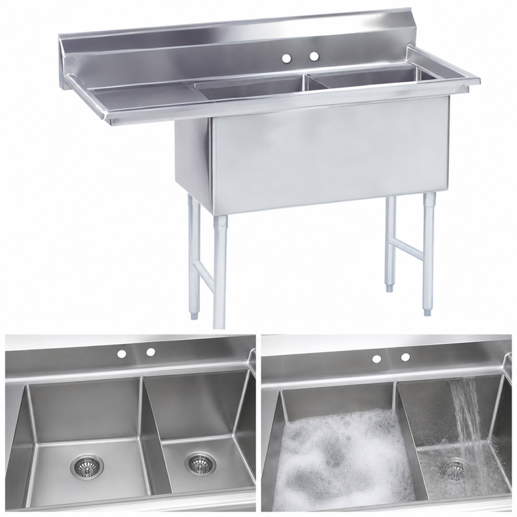 Product image #3 for Advance Tabco 2-Compartment Fabricated Sink with 18-Inch Left-Hand Drainboard, 20 x 30 x 14-Inch Bowls, 16-Gauge 304 Stainless Steel