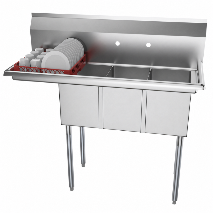 Product image #3 for KoolMore 45-Inch 3-Compartment Commercial Sink with Left Drainboard and Backsplash