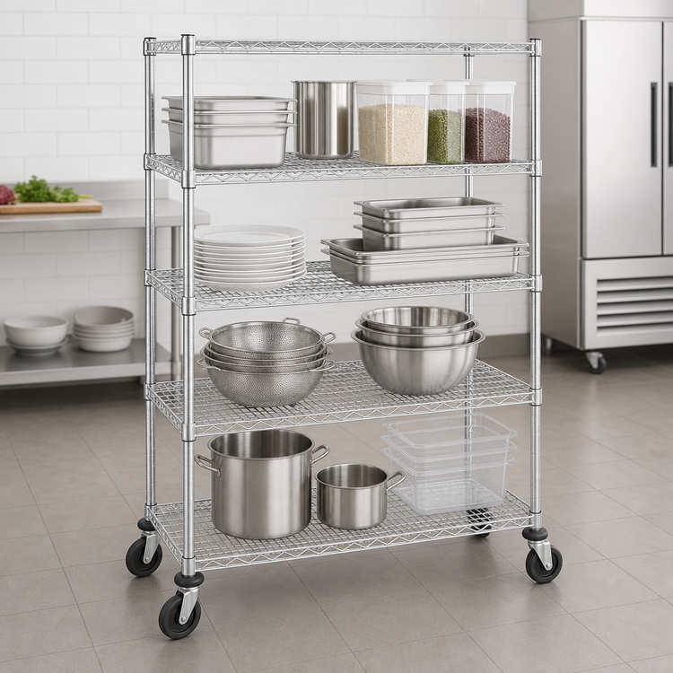 Product image #3 for Metro Super Erecta 4-Shelf Wire Stem Caster Cart, 60"W x 18"D x 69"H, Chrome Plated Posts