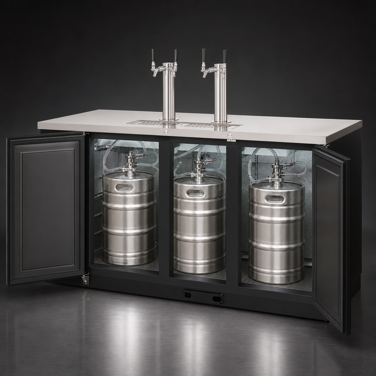 Product image #3 for Everest Refrigeration Two-Section Direct Draw Keg Refrigerator, 68-Inch Wide, 3 Half-Barrel Keg Capacity