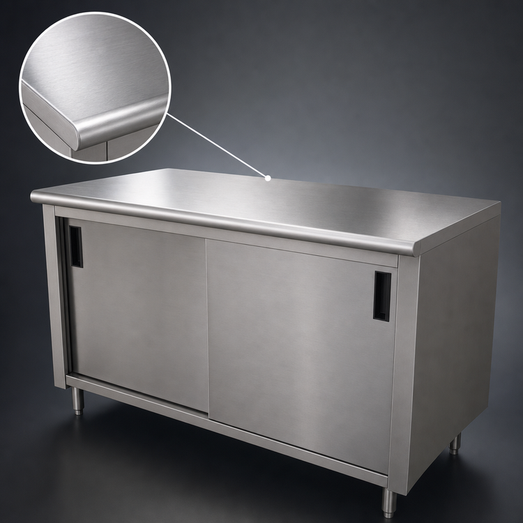 Product image #3 for Advance Tabco Special Value 96-Inch x 24-Inch Enclosed Cabinet Base Work Table with Sliding Doors, Mid-Shelf, and 16-Gauge 304 Stainless Steel Top