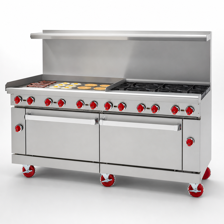 Product image #3 for American Range 72-Inch Gas Restaurant Range with 48-Inch Griddle, 4 Open Burners, and 2 Storage Cabinets