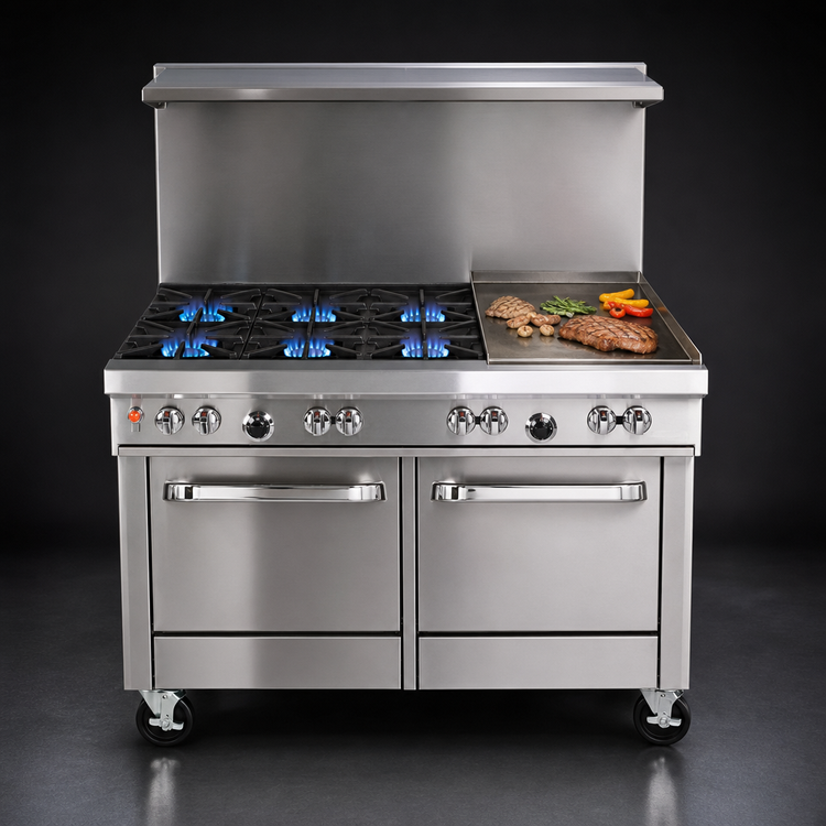 Product image #3 for Southbend Ultimate 48-Inch Gas Restaurant Range with 4 Non-Clog Burners, 24-Inch Griddle, Convection Oven, and Cabinet Base