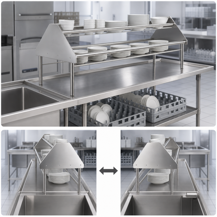 Product image #3 for John Boos Double-Sided Tubular Stainless Steel Sorting Shelf for Soiled Dish Tables, 144 x 30-1/2 x 32 Inches