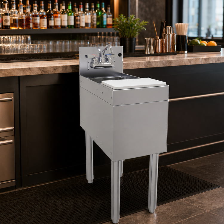Product image #3 for Glastender 12-Inch Wide x 24-Inch Deep Free-Standing Stainless Steel Underbar Mixology Unit with Sink, Faucet, and Cutting Board