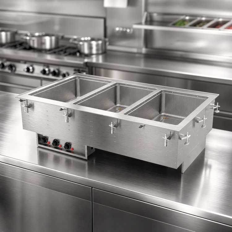 Product image #3 for Vollrath Three-Well Electric Hot Food Well Drop-In with Marine-Grade Insulated Wells, Thermostatic Controls, and Manifold Drain
