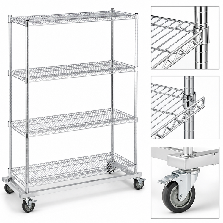 Product image #3 for Eagle Group 4-Tier Chrome Wire Shelving Dolly Truck with Swivel/Brake Casters, 60 x 21 Inches