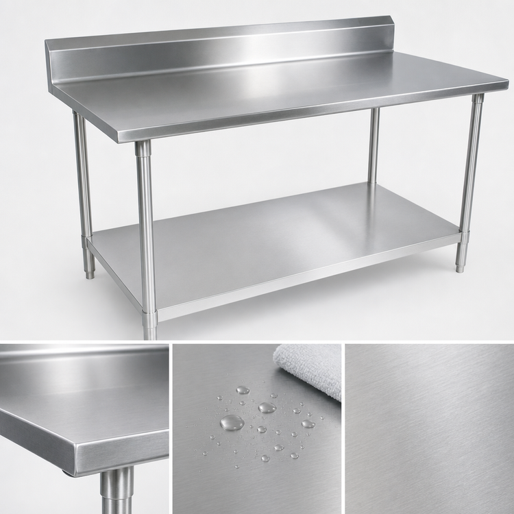 Product image #3 for John Boos Stallion 108" x 30" 14-Gauge 300 Series Stainless Steel Work Table with 5" Backsplash