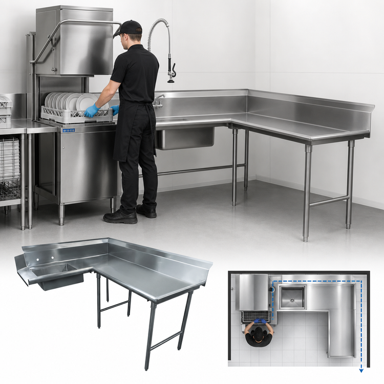 Product image #3 for Korner-Soil L-Shaped Right-Hand Dishtable with Pre-Rinse Sink, 107-Inch, 16-Gauge 304 Stainless Steel