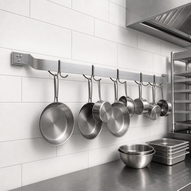 Product image #3 for Eagle Group 96-Inch Aluminum Single-Bar Wall-Mount Pot Rack with 8 Double-Prong Hooks