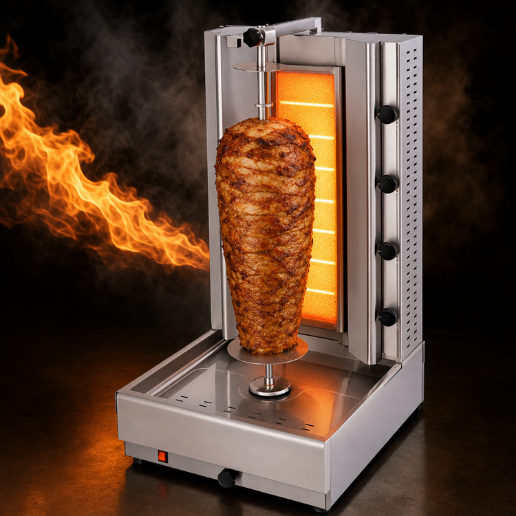 Product image #3 for Visvardis Gas Vertical Broiler Gyro Machine with 110V Enclosed Spit Motor, 155-200 lb Capacity, Stainless Steel