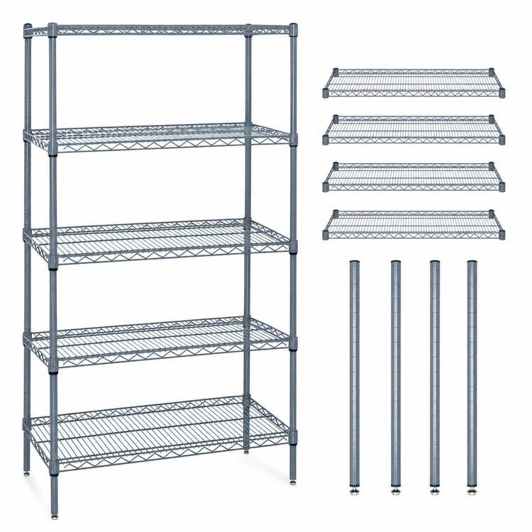Product image #3 for Quantum Wire Shelving Starter Kit, 54 x 21 x 54 Inches, 5 Shelves, Gray Epoxy Antimicrobial Finish