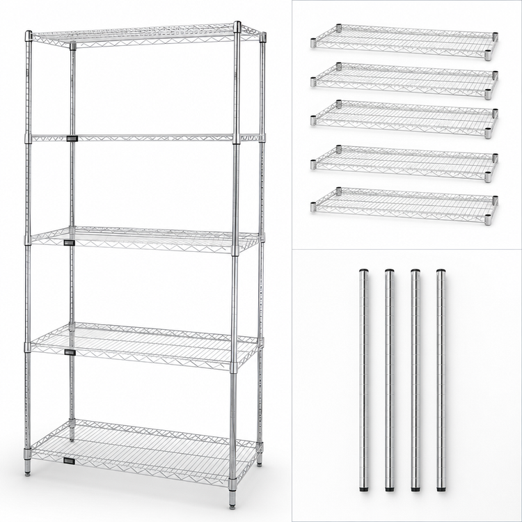 Product image #3 for Quantum Stationary Wire Shelving Starter Kit, 24"W x 21"D x 74"H, Chrome Plated, 5-Shelf
