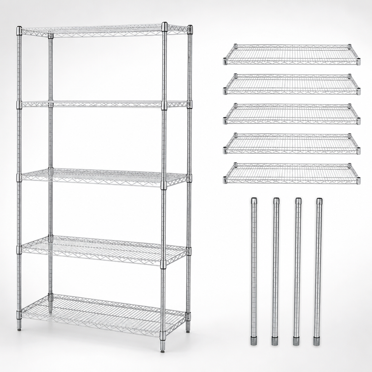 Product image #3 for Quantum Stationary Chrome Wire Shelving Starter Kit with 5 Shelves, 48"W x 24"D x 54"H