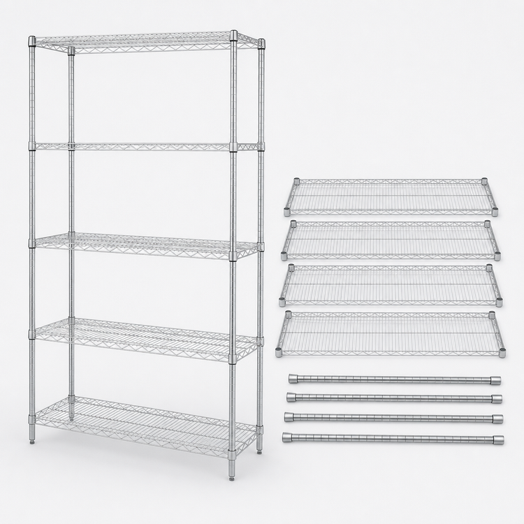 Product image #3 for Quantum Stationary Wire Shelving Starter Kit, 42-Inch W x 14-Inch D x 74-Inch H, 5 Shelves, Chrome Plated