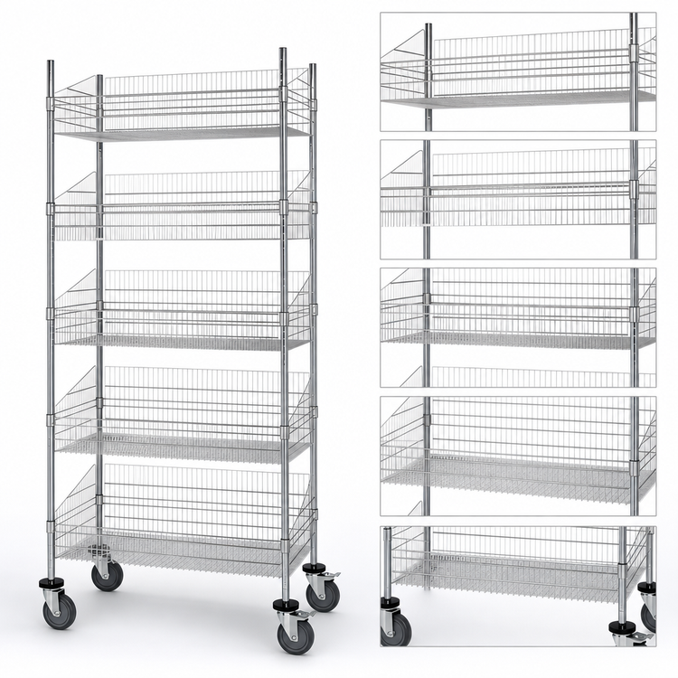 Product image #3 for Post Basket Cart with 5 Baskets, 24 x 18 x 80 Inch, Chrome Plated Finish, 1200 lb Capacity