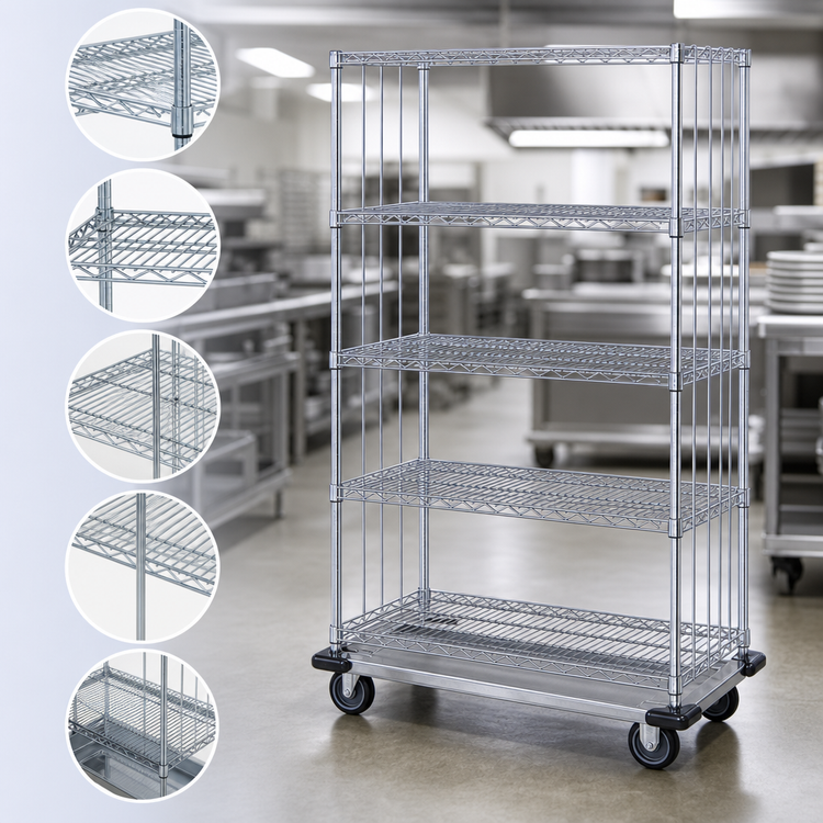 Product image #3 for Quantum 5-Shelf Mobile Enclosure Wire Shelving Cart, 36 x 18 x 70 Inches, Chrome Plated