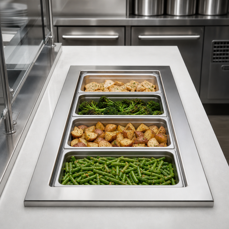 Product image #3 for Vollrath Short-Side 4-Pan Drop-In Hot Well with Marine-Grade Wells, Thermostatic Controls, Auto-Fill and Manifold Drain