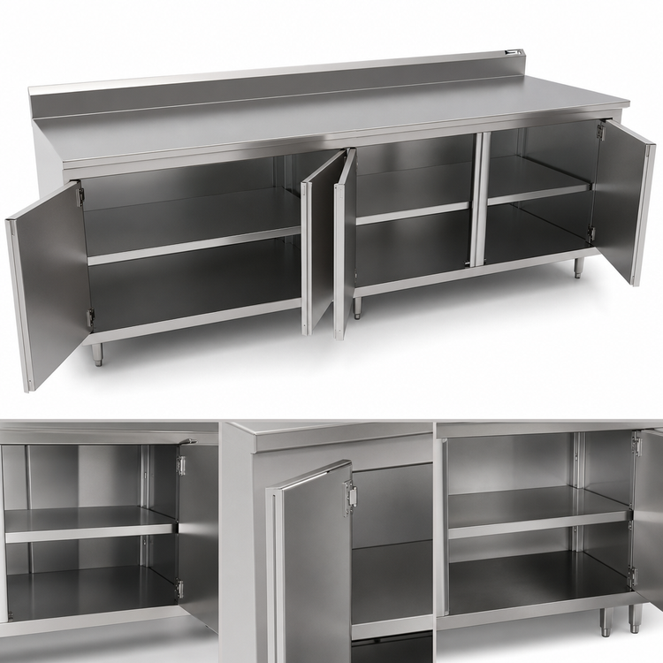 Product image #3 for John Boos 120-Inch x 24-Inch Enclosed Stainless Steel Work Table with Cabinet Base and 5-Inch Backsplash