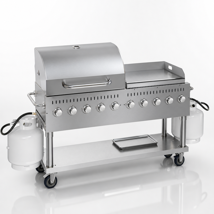 Product image #3 for KoolMore 72-Inch 10-Burner Commercial Outdoor Propane Gas Grill with 36-Inch Roll Dome Cover and 36-Inch Griddle