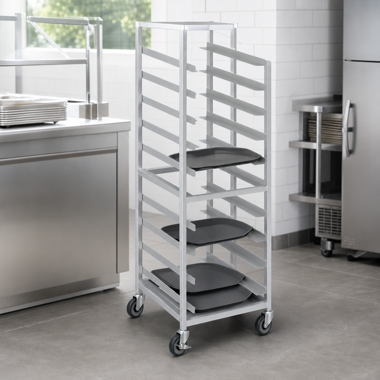 Product image #3 for Channel Manufacturing Trapezoidal Series Aluminum Cafeteria Tray Rack, Single Section, 64-Inch High, End Load, 20-Tray Capacity, 5-Inch Swivel Plate Casters