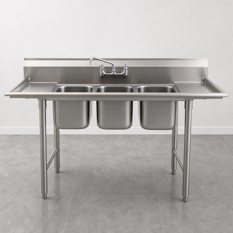 Product image #3 for Eagle Group 312 Series 3-Compartment Convenience Store Sink, 72 in. W x 23 in. D, Dual Drainboards, 304 Stainless Steel