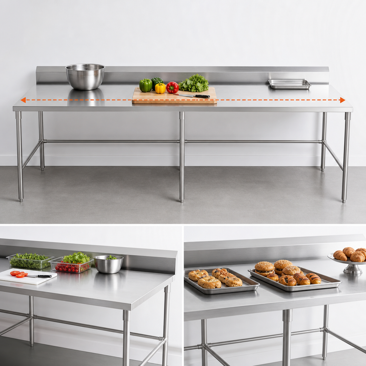 Product image #3 for Sapphire 120-Inch Stainless Steel Open Base Worktable with 5-Inch Backsplash