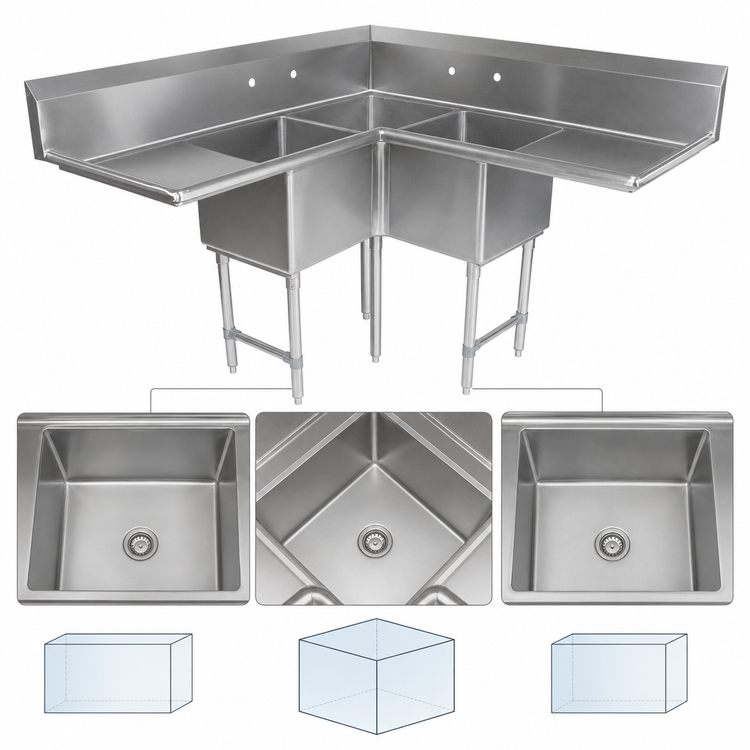 Product image #3 for John Boos Pro-Bowl 3-Compartment Corner Sink with Dual Drainboards