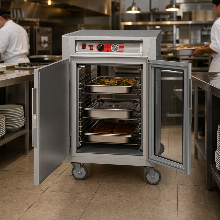 Product image #3 for Metro C5 6 Series Mobile Half-Height Pass-Thru Heated Holding Cabinet with One Solid and One Double-Pane Tempered Glass Door