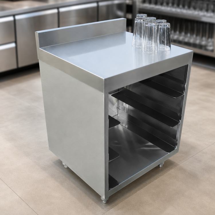 Product image #3 for Underbar Glass Rack Storage Unit with Flatboard Top, Open Front Cabinet Base, and 3-Inch Backsplash