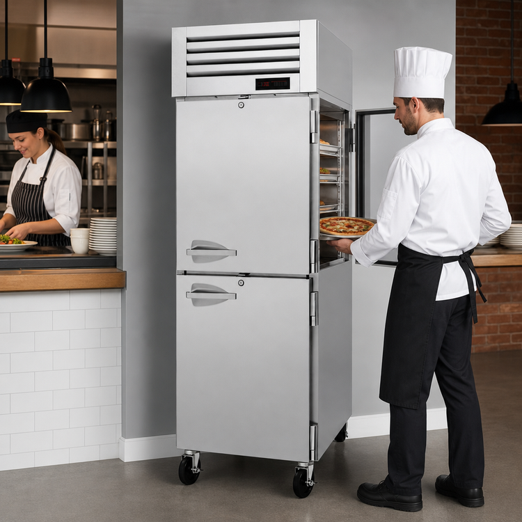 Product image #3 for Turbo Air PRO Series Pass-Thru Heated Pizza Holding Cabinet with Solid Front and Glass Rear Half Doors, 27 Cu. Ft.