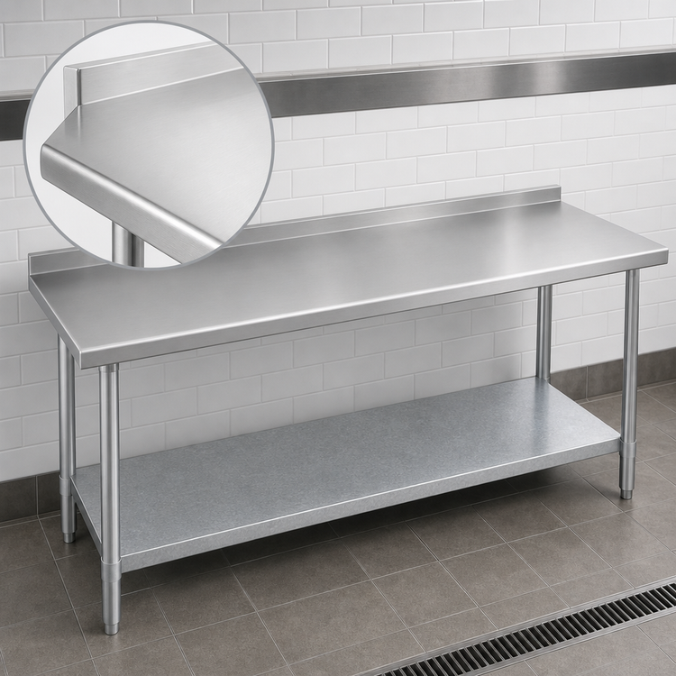 Product image #3 for Duke 84-Inch x 36-Inch 16-Gauge 300 Series Stainless Steel Work Table with 1-1/8-Inch Riser and Galvanized Undershelf