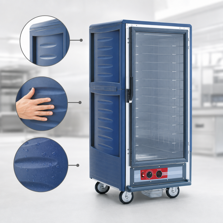 Product image #3 for Metro C5 3 Series Mobile 3/4 Height Heated Holding Cabinet with Clear Polycarbonate Door, Fixed Wire Slides, Blue Insulation Armour