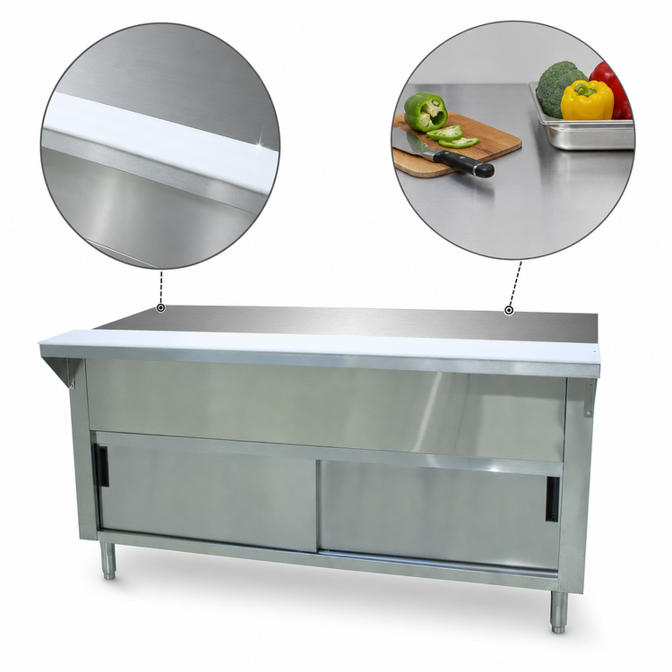 Product image #3 for Advance Tabco Triumph (Supreme) 47-1/8 Inch Solid Top Utility Station Table with Enclosed Cabinet Base, Sliding Doors, and Poly Cutting Board