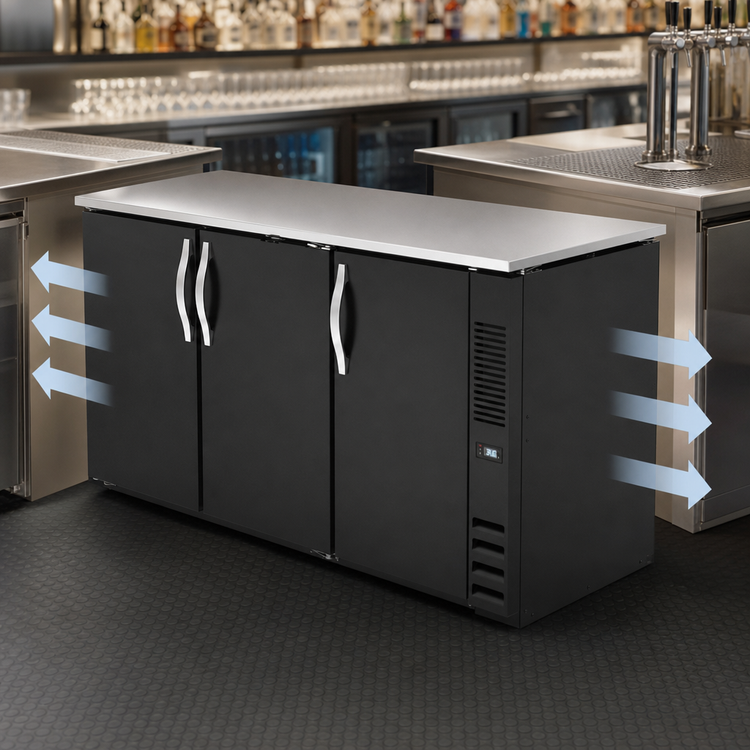 Product image #3 for Beverage-Air 48-Inch Two-Section Pass-Thru Open Food-Rated Back Bar Refrigerator, 4 Solid Doors, Black