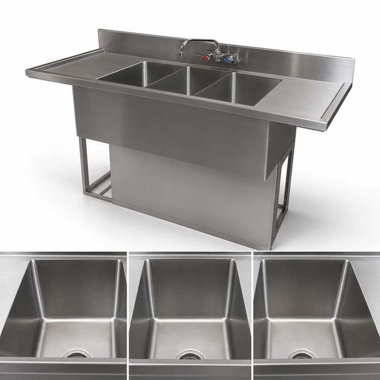 Product image #4 for BK Resources 60-Inch Three-Compartment Slim-Line Underbar Sink with Dual Drainboards and Faucet
