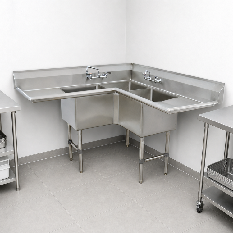 Product image #3 for Advance Tabco Special Value 3-Compartment L-Shaped Corner Sink with 18-Inch Drainboards, 304 Stainless Steel