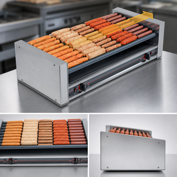 Product image #3 for Roll-A-Grill 27-Hot-Dog Slanted Countertop Hot Dog Roller Grill, 10 Chrome Rollers, 230V
