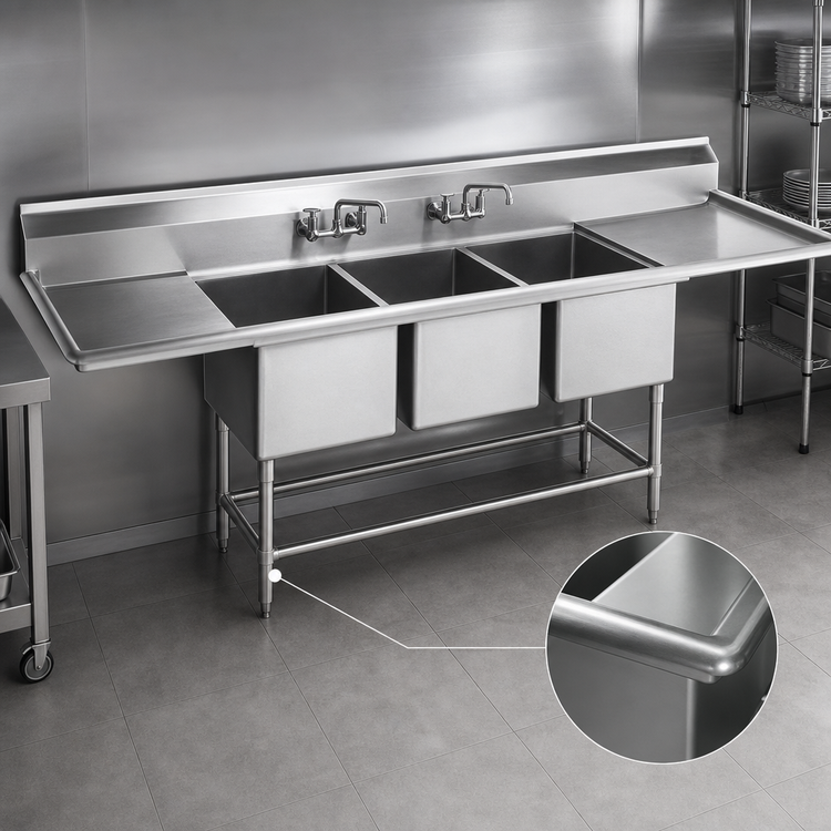 Product image #3 for Eagle Spec-Master FN Series Coved-Corner 3-Compartment Stainless Steel Sink with Right-Hand Drainboard, 79-1/2 x 27 Inches
