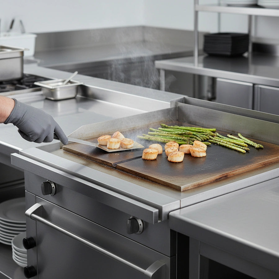 Experience exceptional heat distribution and retention with the brilliantly polished 5/8" thick steel plancha plate, ensuring consistent cooking results.
