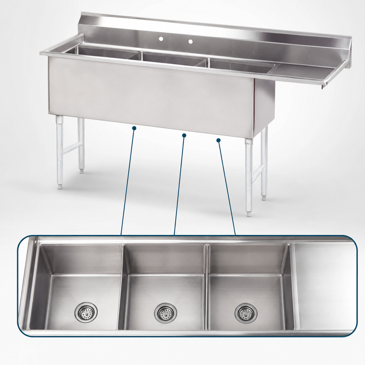 Product image #3 for Advance Tabco Fabricated 3-Compartment Sink with 18-Inch Right Drainboard