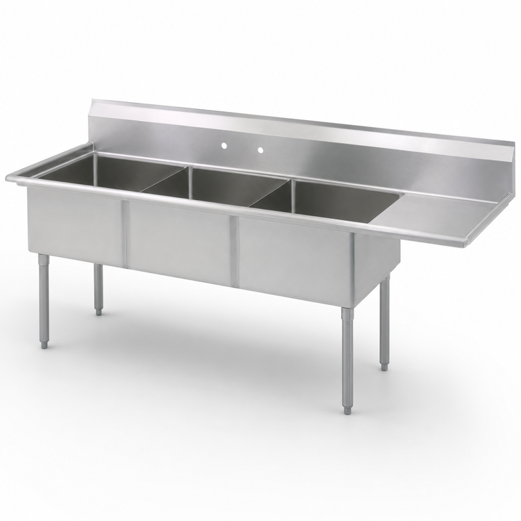 Product image #3 for BK Resources Three-Compartment Stainless Steel Sink with 15-Inch Right-Hand Drainboard, 15 x 15 x 14 Inch Bowls